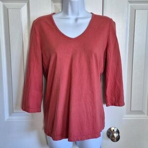Prairie Cotton‎ salmon red 3/4 sleeve v neck 100% cotton tee shirt womens small